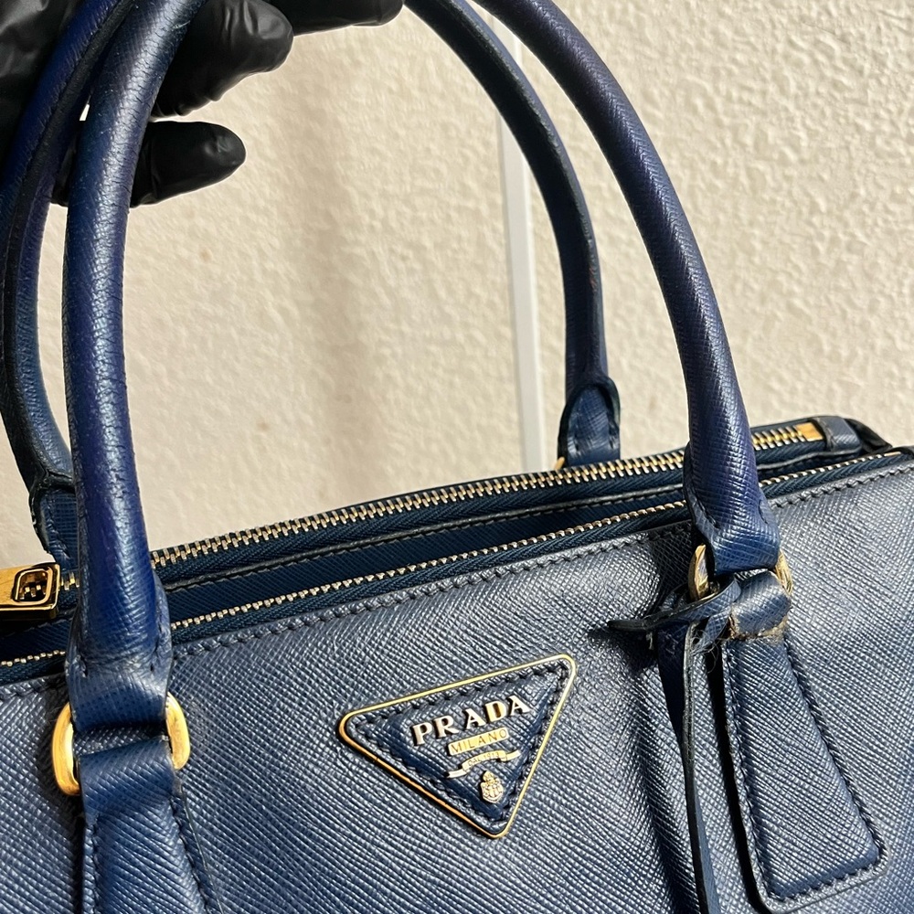 Prada Navy Saffiano Leather Double-Handle Satchel with Gold Hardware - Picture 8 of 16